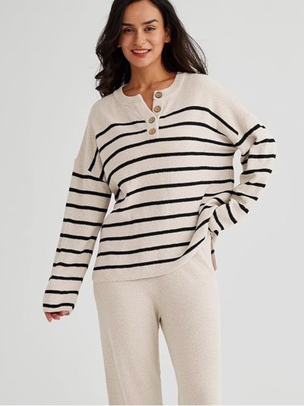 Cozy Cream Stripe Henley Knit Sweater